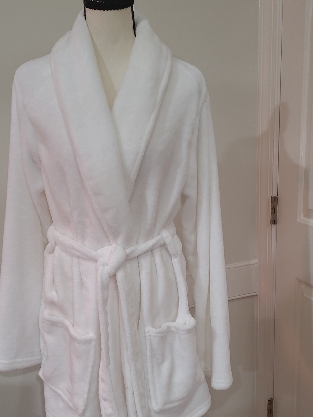 Luna & Dawn Plush White Shawl-Collar Bathrobe with "Blessed" Embroidered on Back
